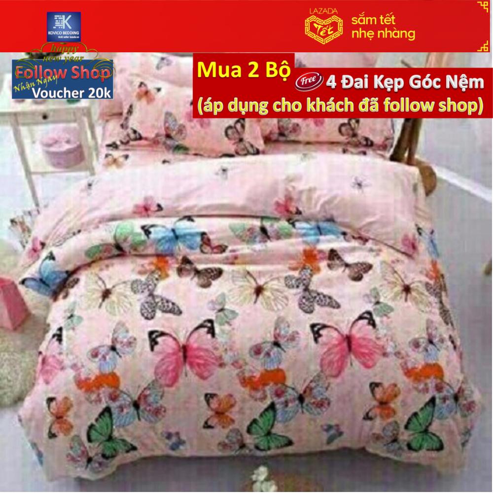 (FreeShip MAX) Bộ chăn ga gối poly Bướm Hồng 1m8x2m