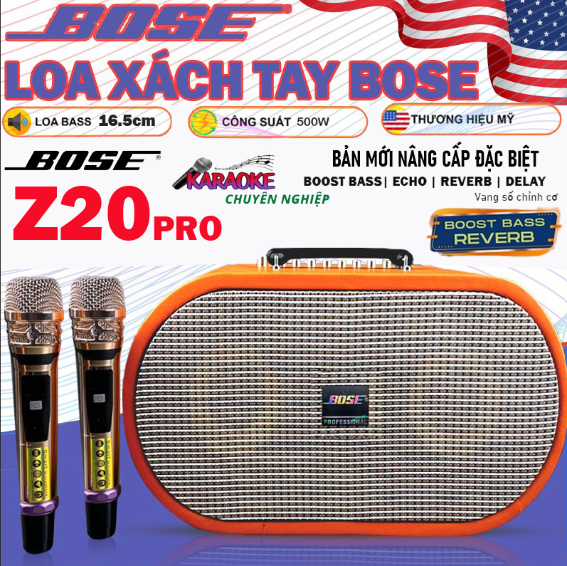 Loa Xách Tay Blutooth BOSE Z20 PRO Kèm 2 Micro Siêu Ngon Công Suất Cực Đại 500W Loa 2 Bass 165cm Siêu Trầm 2 Treble Âm Thanh Sáng Ấm Bass Cực Mạnh Bluetooth 5.0 AUX USB Bộ Xử Lý DSP Echo Delay Reve