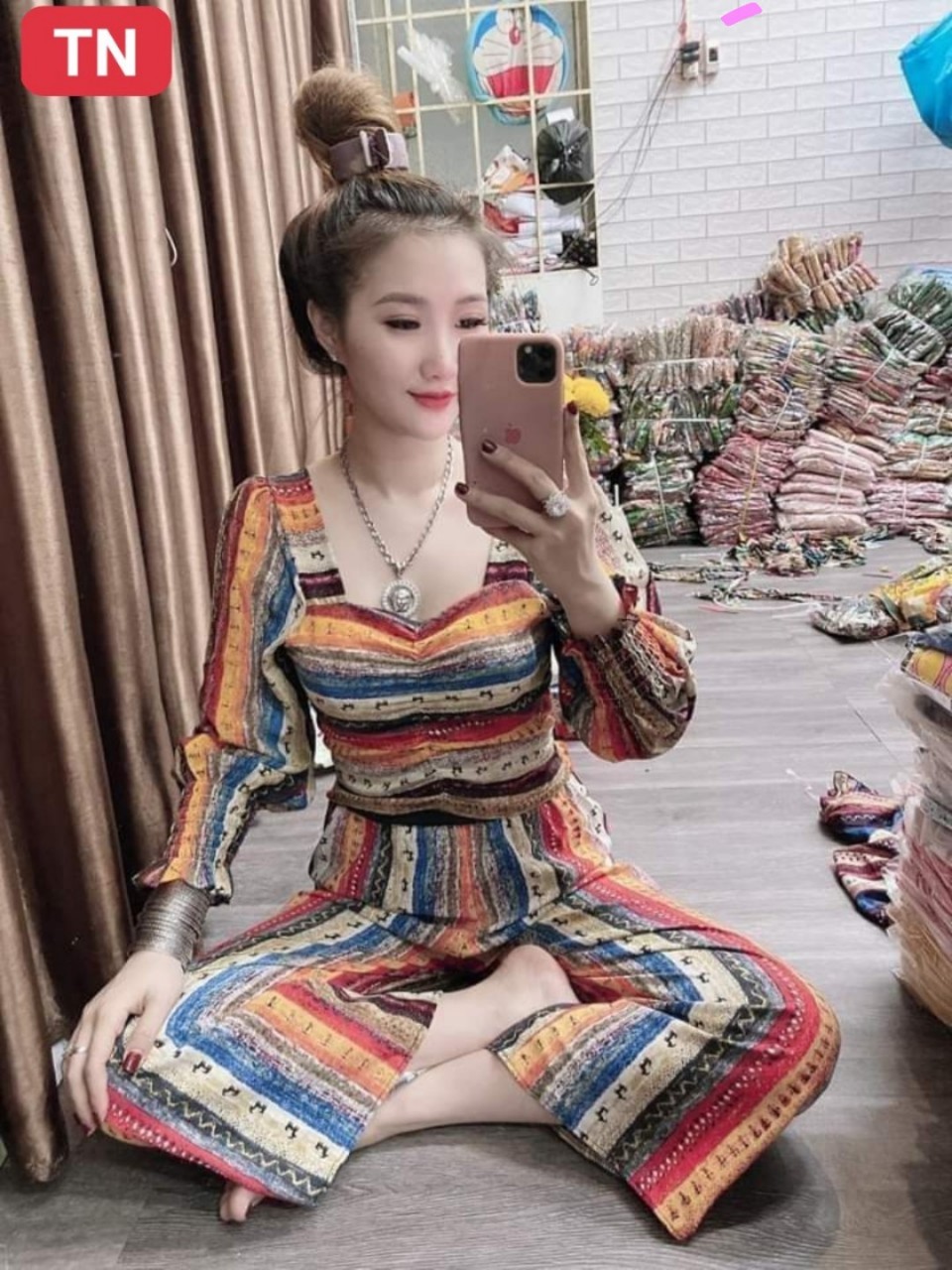 [HCM]Set bộ nữ thổ cẩm quần dài ống suông áo cổ vuông tay dài cực đẹp
