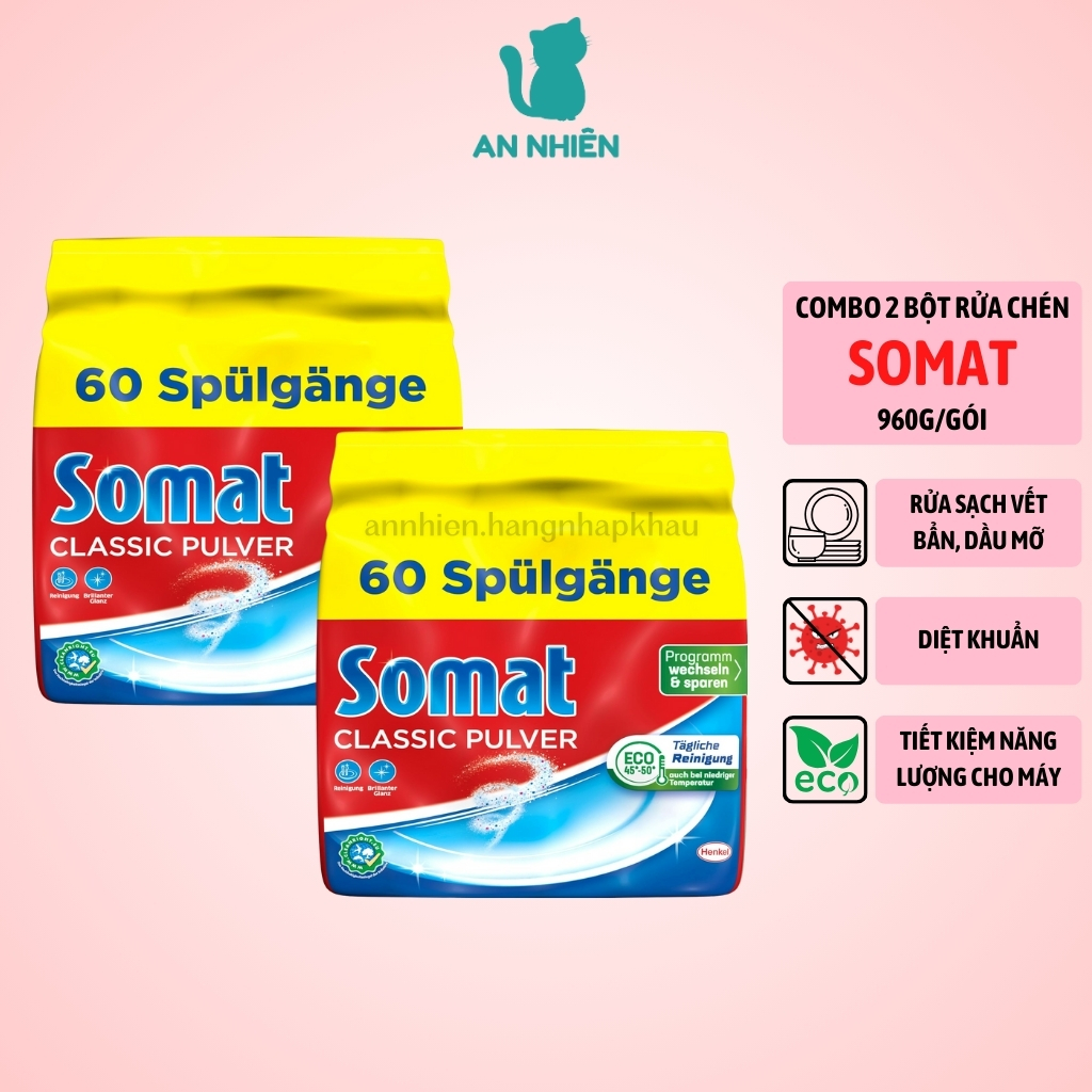 Combo 2 bịch bột rửa chén Somat Classic Pulver 960g dùng cho máy rửa chén bát