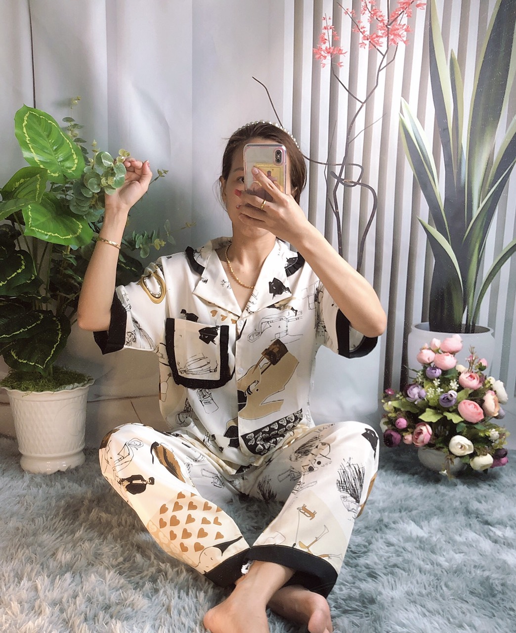 Bộ mặc nhà lụa mango cổ phối bèo
