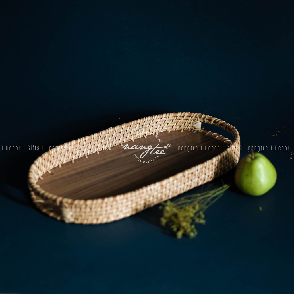 [HCM]Khay mây oval - Khay oval đế gỗ óc chó - Oval rattan tray
