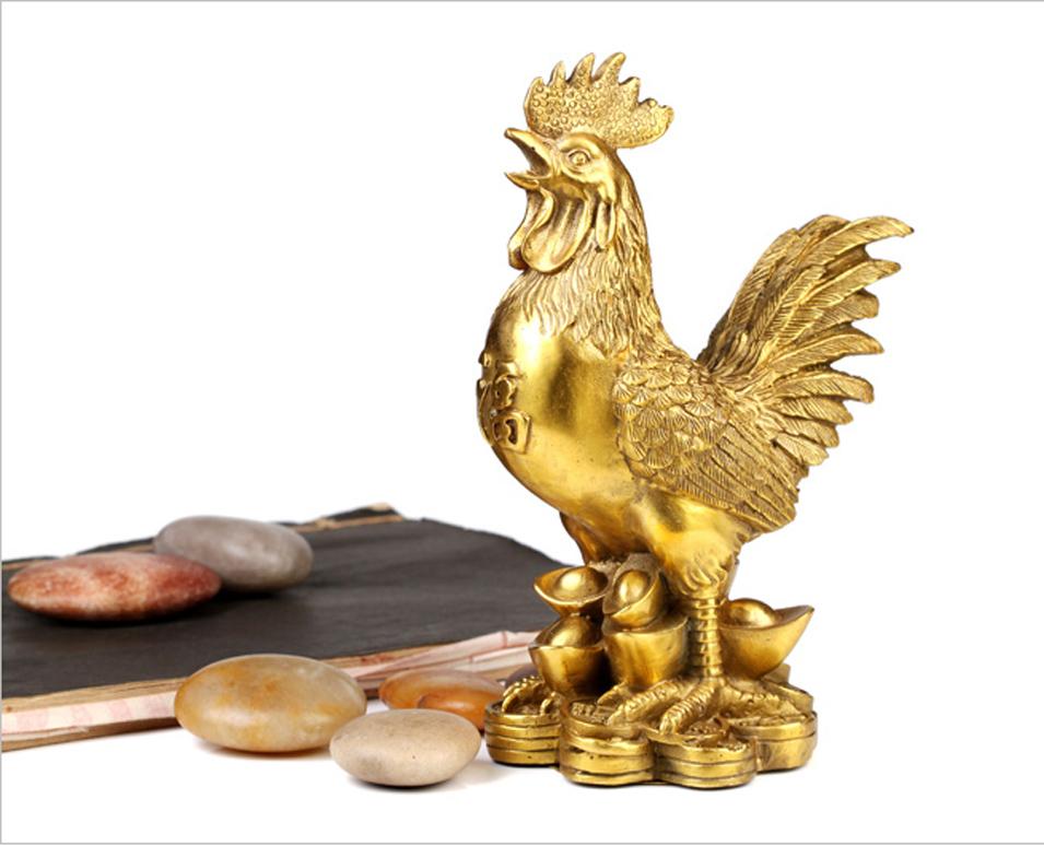 Tượng Gà Trống đồng - Chất liệu đồng thau cao 24cm nặng 1000g + Tặng xâu tiền lục đế