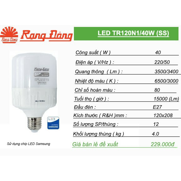 Bóng LED Trụ Rạng Đông 40W ( ChipLed SAMSUNG ) HP Electrical