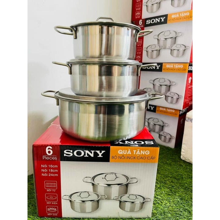 Bộ 3 nồi inox Sony nấu bếp điện từ, hồng ngoại, bếp gas cao cấp gồm 3 size 16cm,18cm,24cm – Ngọc Ken Shop