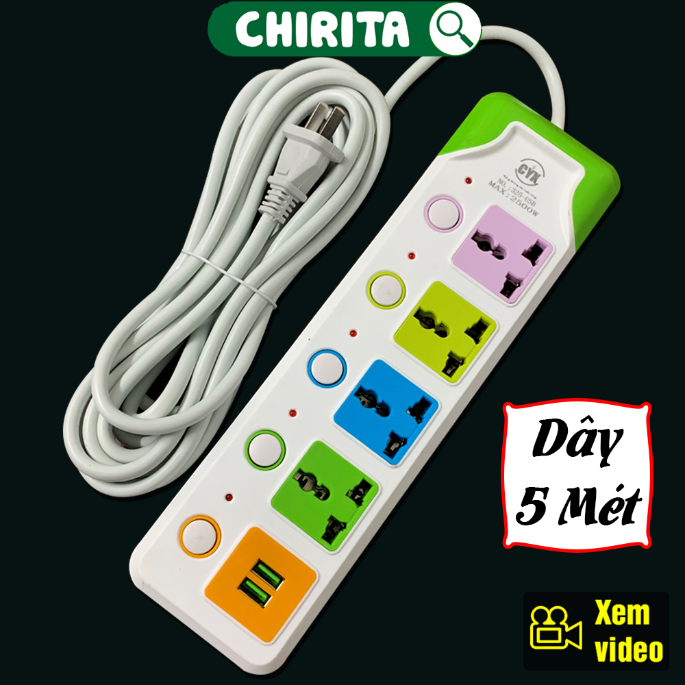 Ổ universal wall socket 4 plugs 3 spoke type swell-drive cẳm electric multi-purpose 2 port USB charger CYX325U power 2500W Chirita