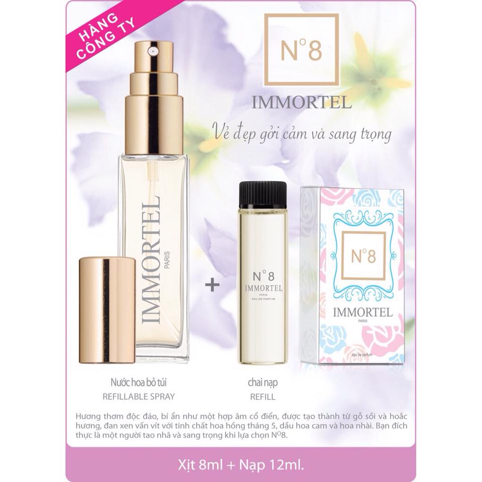 Nước Hoa IMMORTEL No 8 (GỒM CHAI XỊT 8 ml + CHAI NẠP 12 ml) Eau De Parfum
