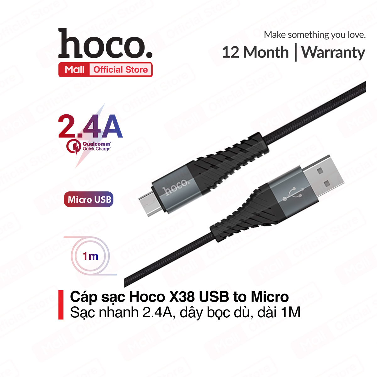 Cáp sạc nhanh và truyền dữ liệu tốc độ cao Micro USB Hoco X38 dành cho điện thoại android sạc nhanh 2.4A Max tương thích với nhiều thiết bị dài 25cm