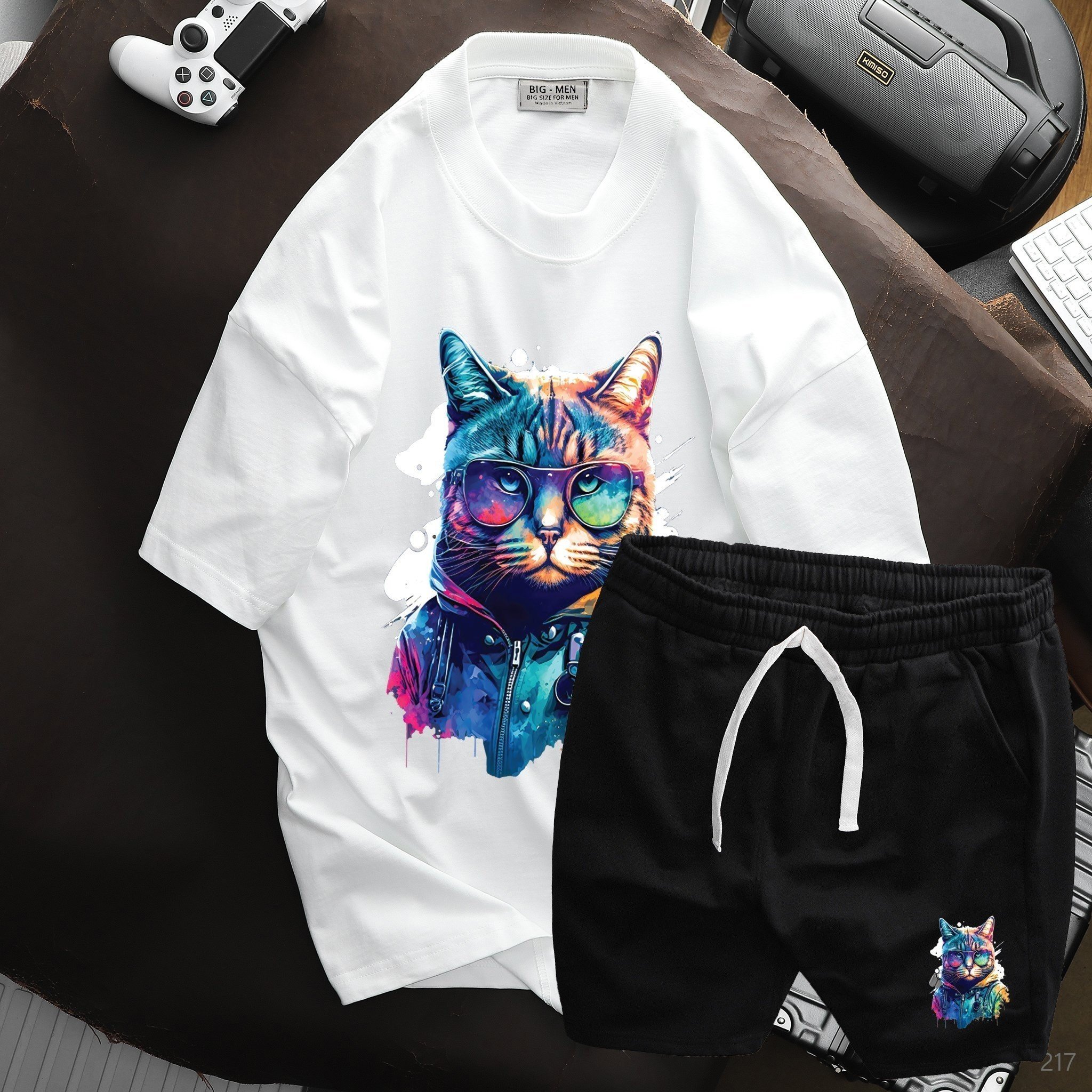 Bigsizemen Set bộ quần áo cotton in hình mèo siêu ngầu bigsize nam cỡ đại 140kg