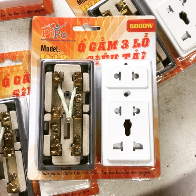 Ổ cắm 3 lổ siêu tải PIPo(lõi sứ)6000w
