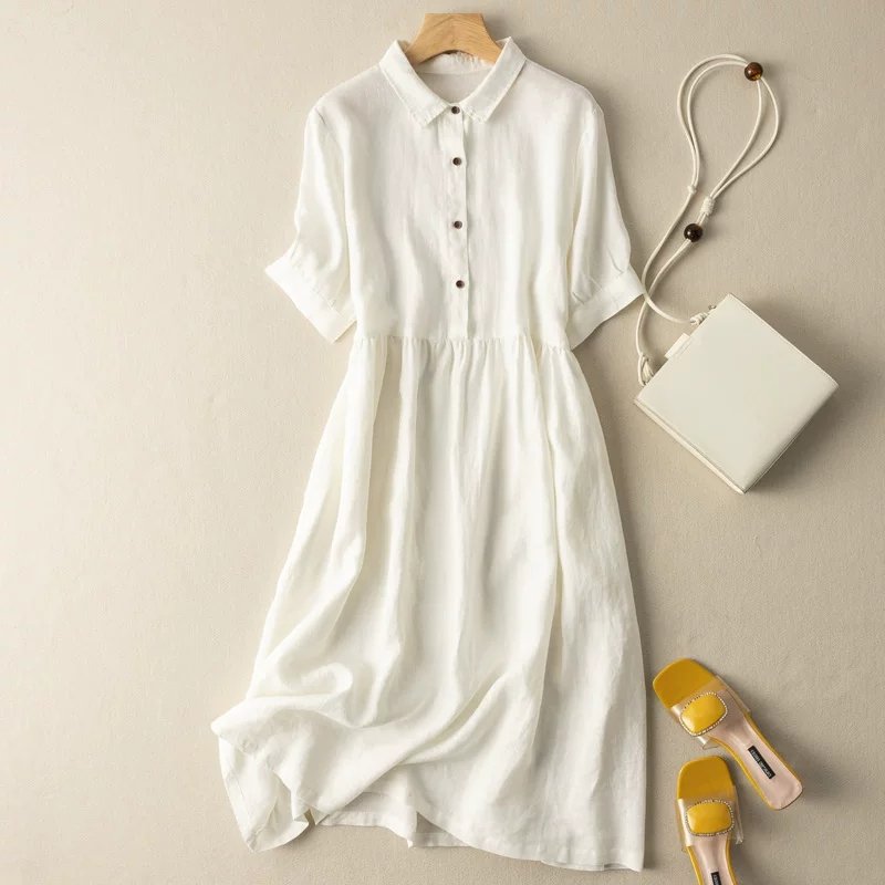 Đầm nữ linen cổ đức nhún eo, đầm sơ mi nữ dáng dài đũi việt