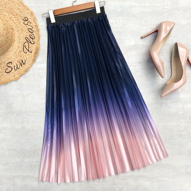 Chân Váy Midi Lưng Cao Bằng Lụa Satin Màu Gradient Thời Trang Cho Nữ
