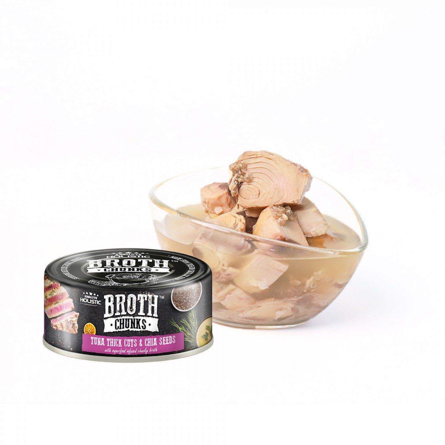 Pate gà cá cắt khúc Absolute Holistic Broth Chunks cho chó và mèo lon 80g