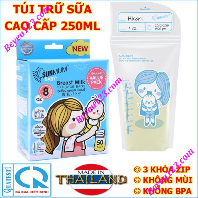 Hộp 50 túi trữ sữa mẹ không BPA 250ml SUNMUM Thái Lan SM - bao bì Xanh