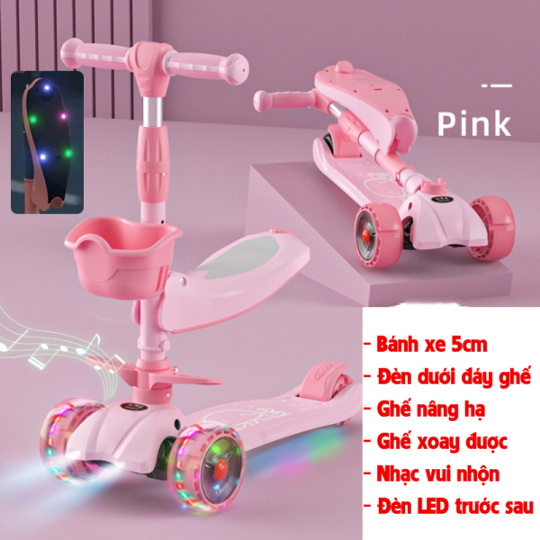 {Tay lái và ghế nâng hạ độ cao} Xe trượt scooter cao cấp cho bé 3 bánh tự cân bằng, ghế có đèn gấp gọn, có nhạc và đèn LED chiếu phía trước (hồng)