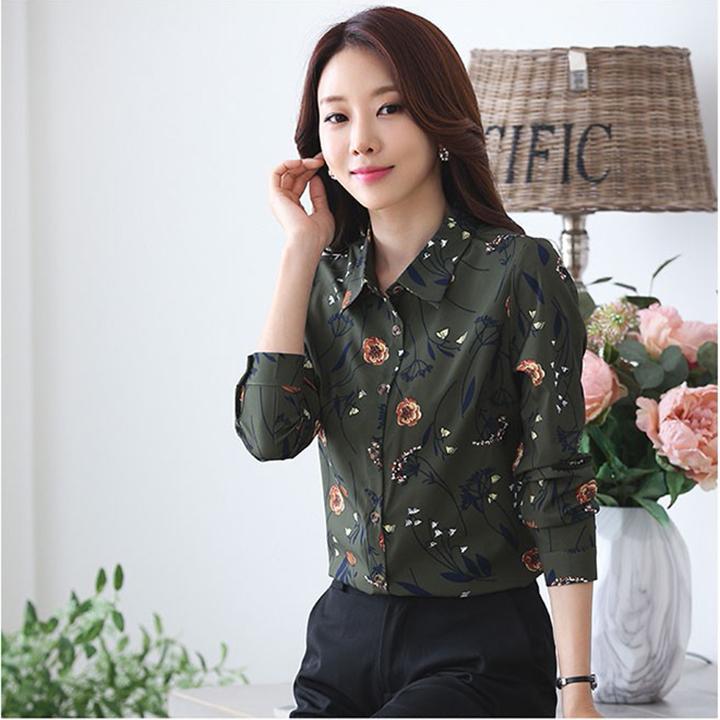 [HCM]Áo Sơ Mi Nữ Dài Tay Họa Tiết Thanh Lịch