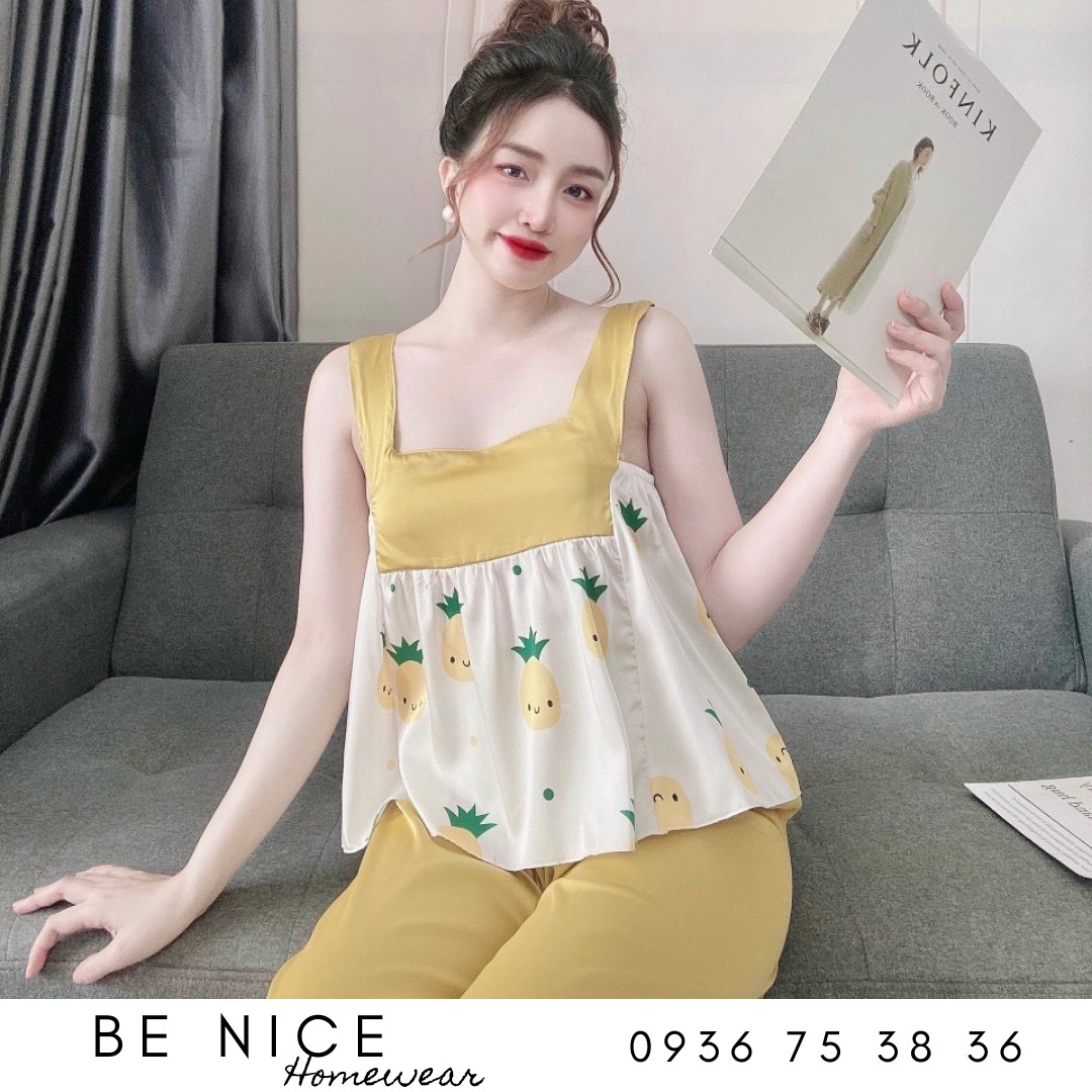 Set lụa dài mặc nhà cổ vuông bản to