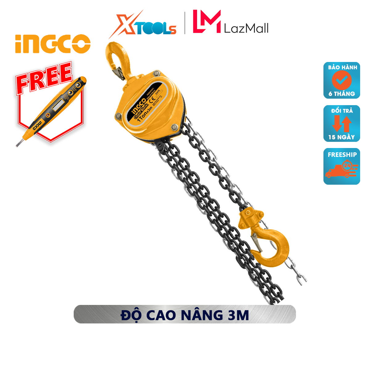 Pa lăng 1 dây xích INGCO HCBK0201 Bá lăng xích Trọng lượng nâng 1-3 tấn Độ cao nâng 3m khoảng cách từ đỉnh móc đến móc treo 383-562mm xích kéo tay, nâng hạ nhẹ nhàng, kéo hàng nặng [XSAFE][XTOOLS]