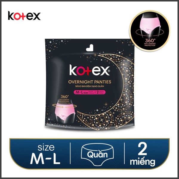 Băng vệ sinh Kotex Đêm dạng quần vừa vặn chống tràn 360 size ML (2 miếng/gói) cao cấp