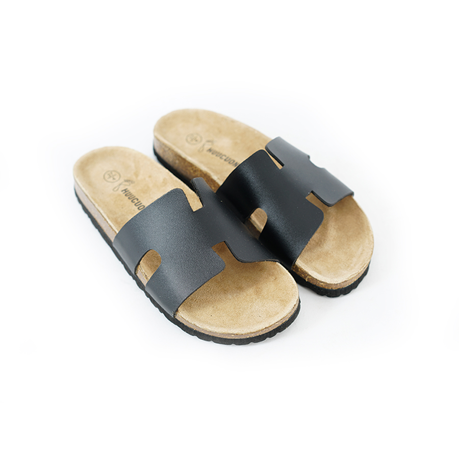 Dép đế trấu unisex kiểu  H da pu đen