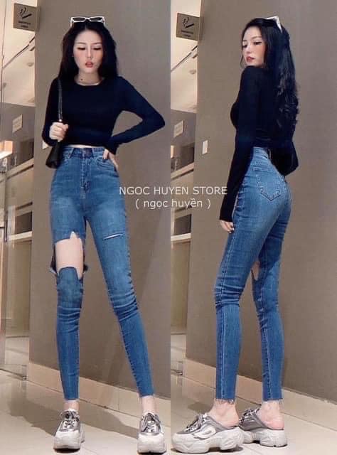 Quần jeans nữ ôm giãn rách đùi cá tính AD22
