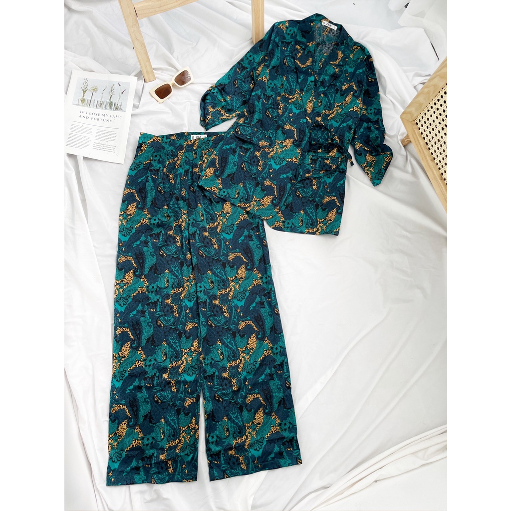 Set vest xanh lụa satin chanh xả siêu đẹp 2169