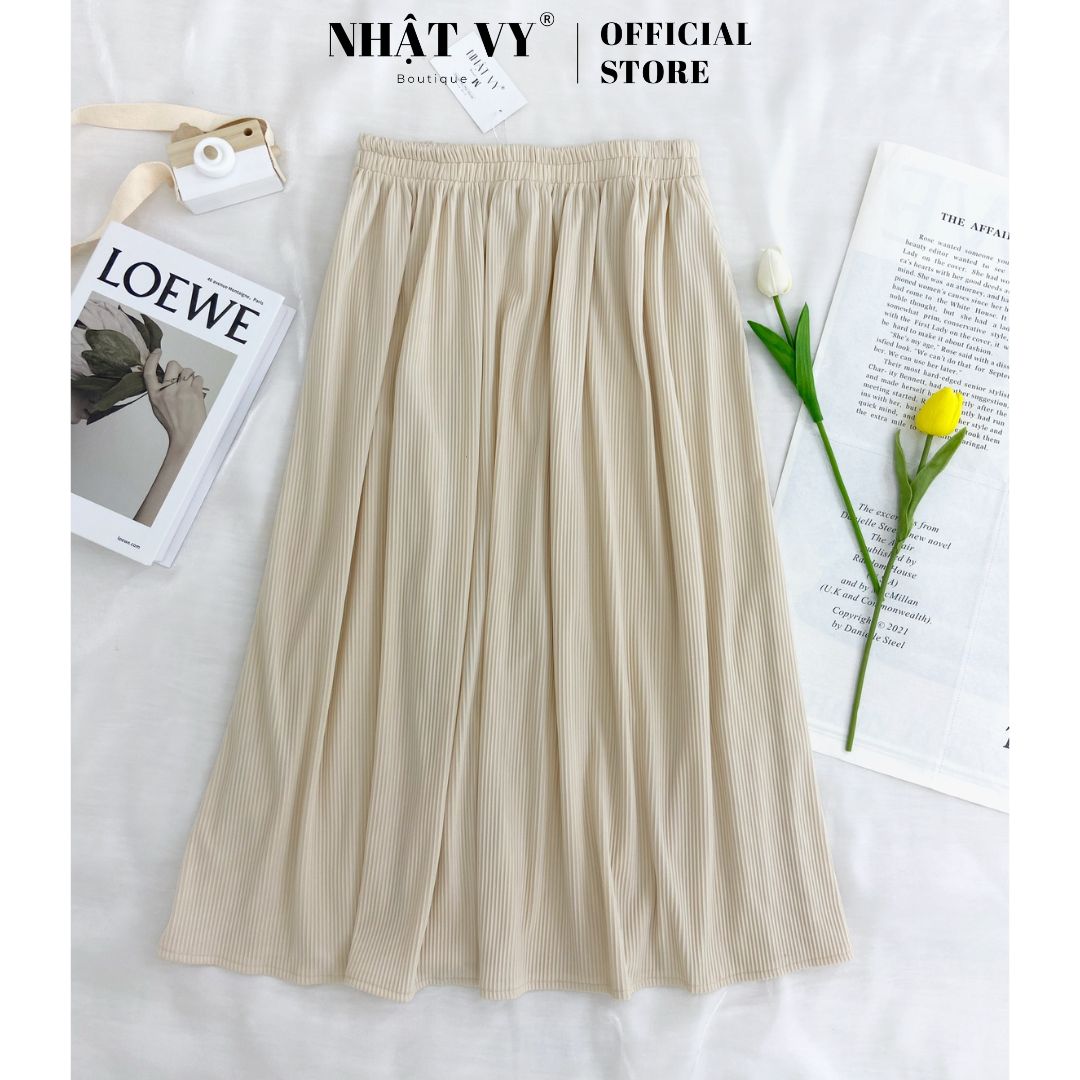 Chân Váy Dập Ly Nhật Vy Dáng Xoè Đi Chơi Chất Thun Màu Xanh, Kem, Đen, Nâu - D2443