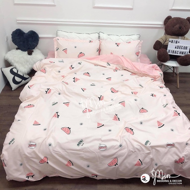 Chăn ga gối cotton poly - Mẫu dưa hấu hồng.