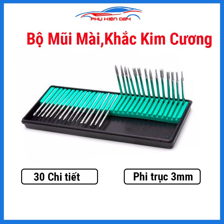 Bộ 30 mũi mài khắc kim cương độ cứng cao lắp máy khoan cầm tay trục 3mm