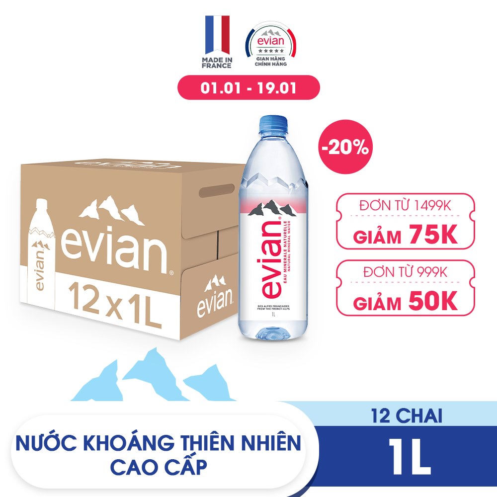 Thùng 12 chai nước khoáng thiên nhiên Evian 1L 1L x 12