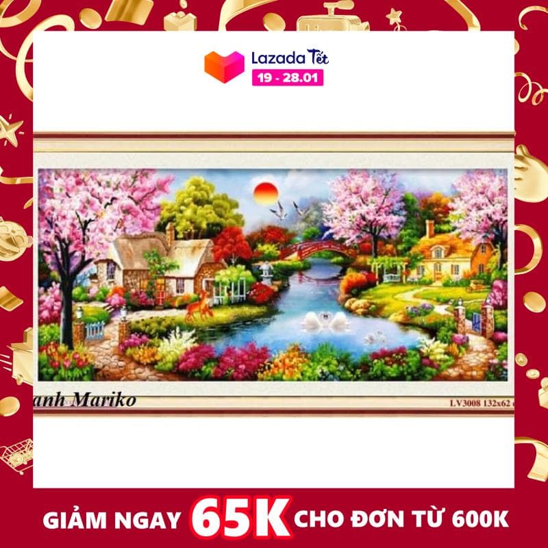 Tranh thêu Mùa Xuân Ấm Ấp Phong  cảnh làng quê yên bình hãng Lavender LV3008 kích thước 132*62cm