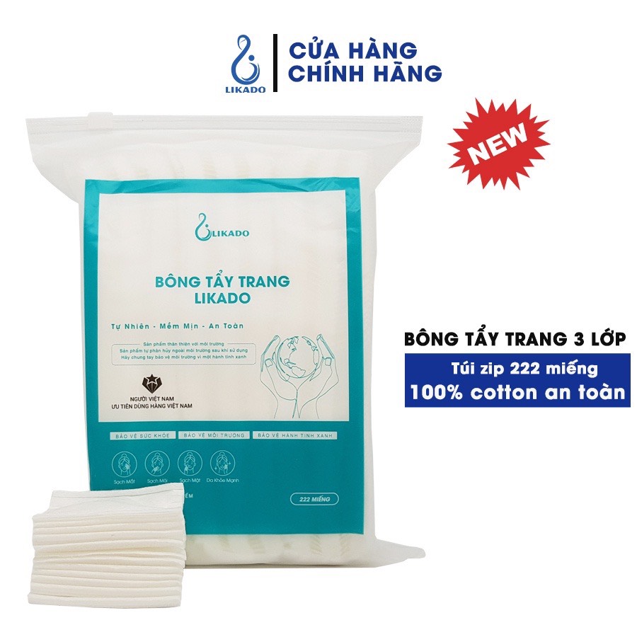 Bông tẩy trang 222 miếng Likado 3 lớp 2 mặt chất liệu cotton bông tự nhiên túi 222 miếng( 1 túi)