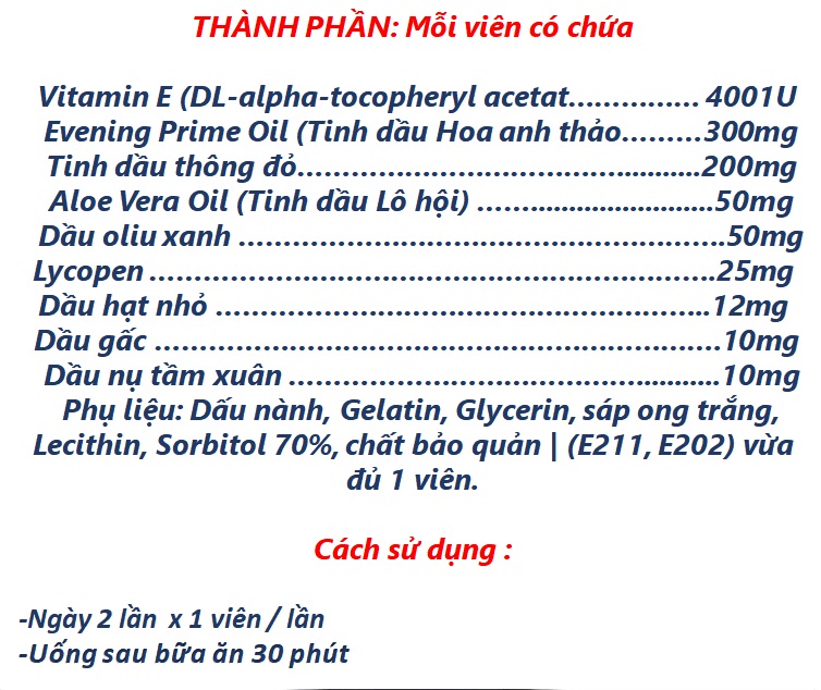 Viên Uống Đẹp Da Vitamin E đỏ 2000IU Thành Phần Vitamin E Tinh Dầu Lô Hội  Hoa Anh Thảo Thông ĐỏTinh Dầu Lô Hội ... Giúp Bổ Sung Vitamin E Làm Đẹp DaChống Oxy hóa Hạn Chế Lão Hóa Da Làm Mờ Thâm Nám Tàn Nhang- Hộp 30Viên