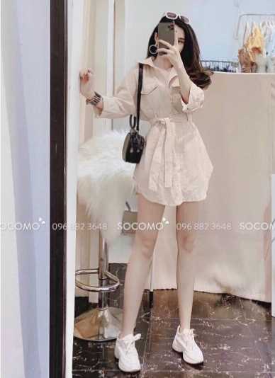 Sét bộ nữ áo tay dài cổ sơ mi cột nơ eo kèm quần đùi siêu xinh
