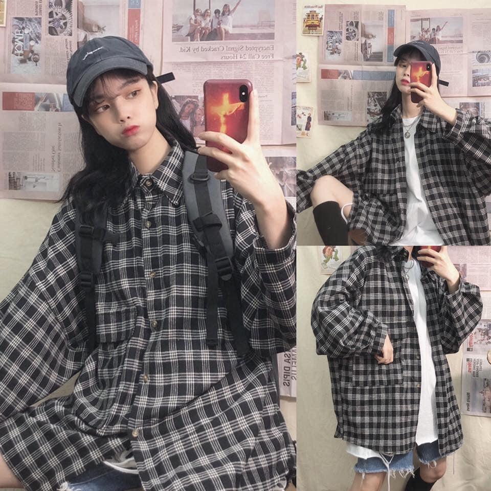 Áo sơ mi kẻ caro uzzang form rộng ( áo sơ mi oversize nam nữ dài tay)