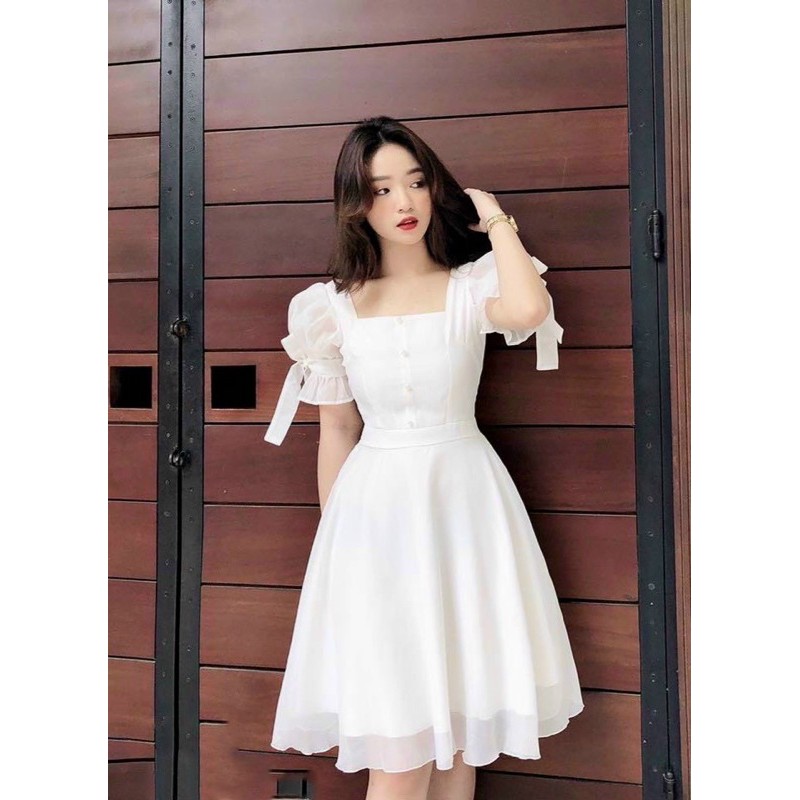 Đầm cổ vuông tay nơ 2 màu