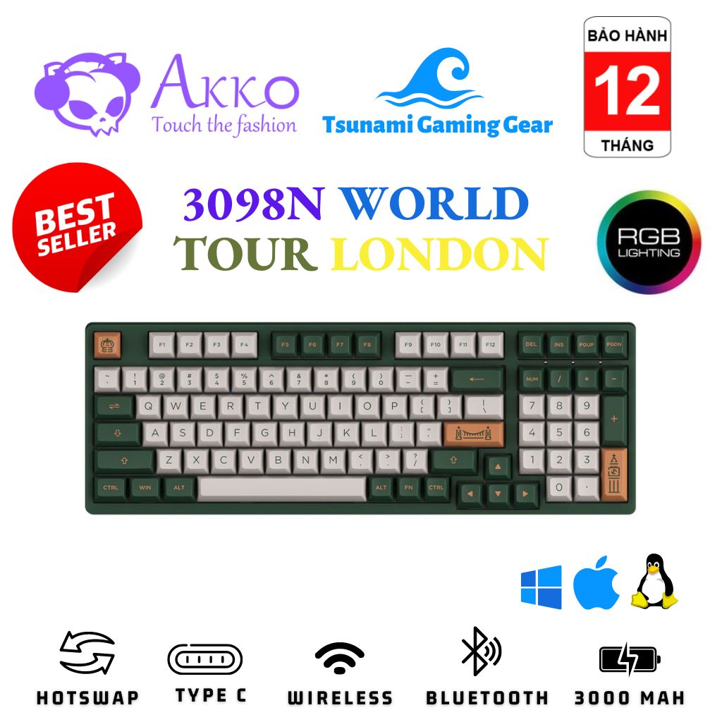 Bàn phím cơ AKKO 3098N Multi-modes World Tour London | 3098S World Tour London | RGB | USB Type C | Hotswap