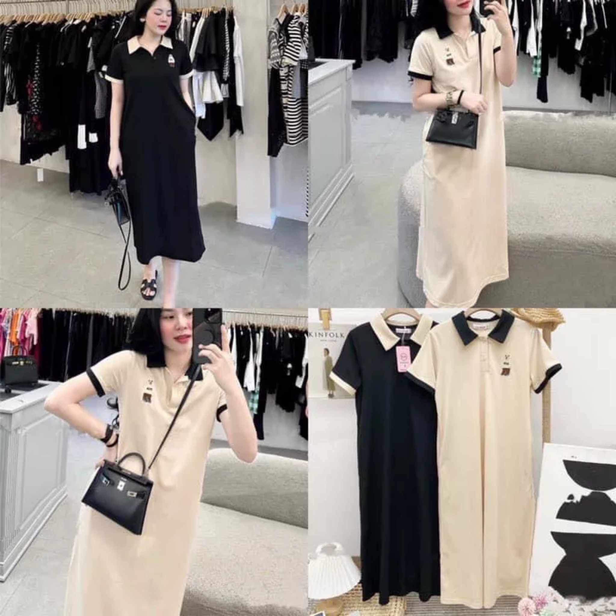 Đầm Polo Phối Viền Tay Thêu Hình Gấu From Rộng Chất Cotton