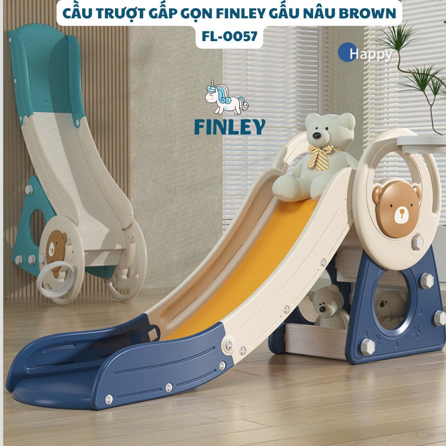 Cầu trượt cho bé finley gấp gọn hình gấu nâu brown kèm cột bóng rổ 2 in 1 - fl-0057