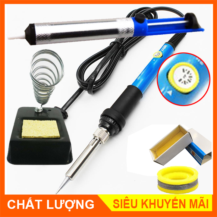 Bộ 6in1 Mỏ hàn chình nhiệt 60W + Chì hàn,Nhựa thông,Gác mỏ hàn,Bọt biển,Cây hút chì