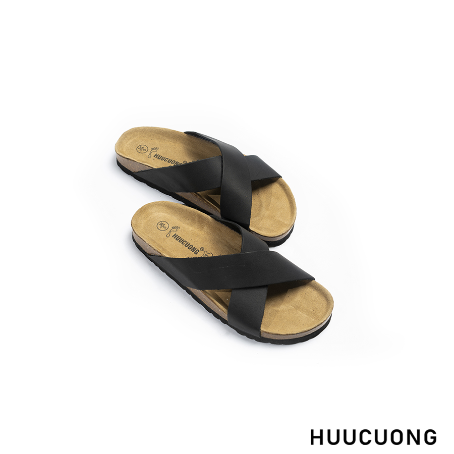 Dép unisex quai chéo da bò đen đế trấu