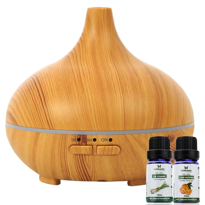 [HCM]Combo máy khuếch tán tinh dầu giọt nước lớn gỗ vàng Lorganic FX2022 + tinh dầu sả chanh + tinh dầu cam Lorganic (10ml x2)