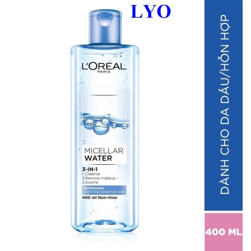 Nước tẩy trang Loreal Paris 3 in 1 Micellar Water 400ml Refreshing - Tươi mát (xanh nhạt) Lyo Shop nhập khẩu