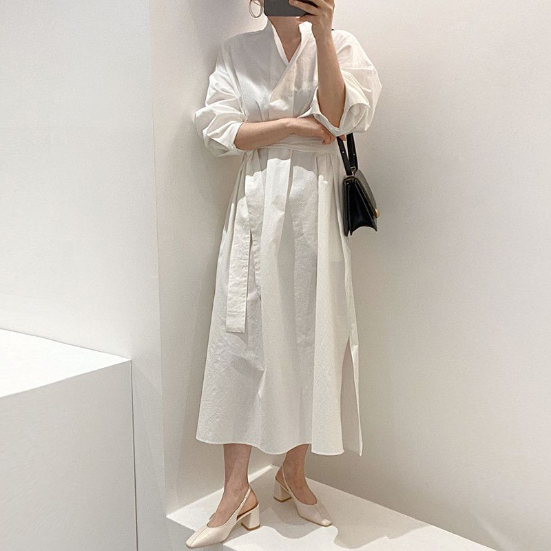 Hàn Quốc Chic Đơn Giản Dáng Suông Rộng Tay Bồng Áo Sơ Mi Đầm + Cổ Chữ V Dây Quai Bó Eo Dáng Dài Dệt Kim Áo Gile Nữ
