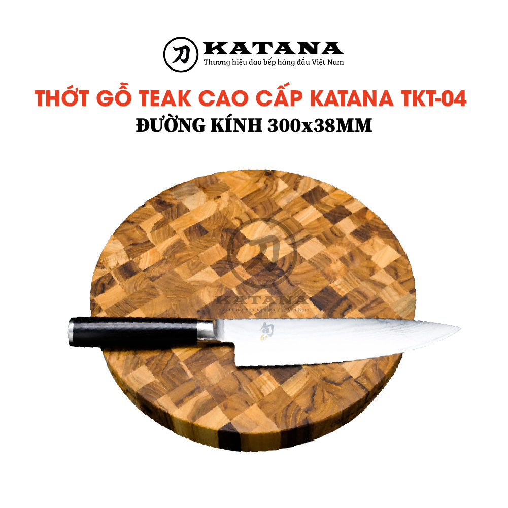 Thớt gỗ băm chặt KATANA - thớt gỗ teak cao cấp loại tròn, dày thớt ghép đầu cây đạt vệ sinh an toàn thực phẩm - TKT04 38x300x300mm