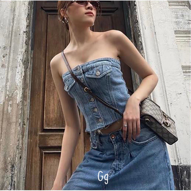 Áo ống jean nhúm lưng cài hàng nút trước phối 2 nắp túi ngực cực xinh chất jean mềm