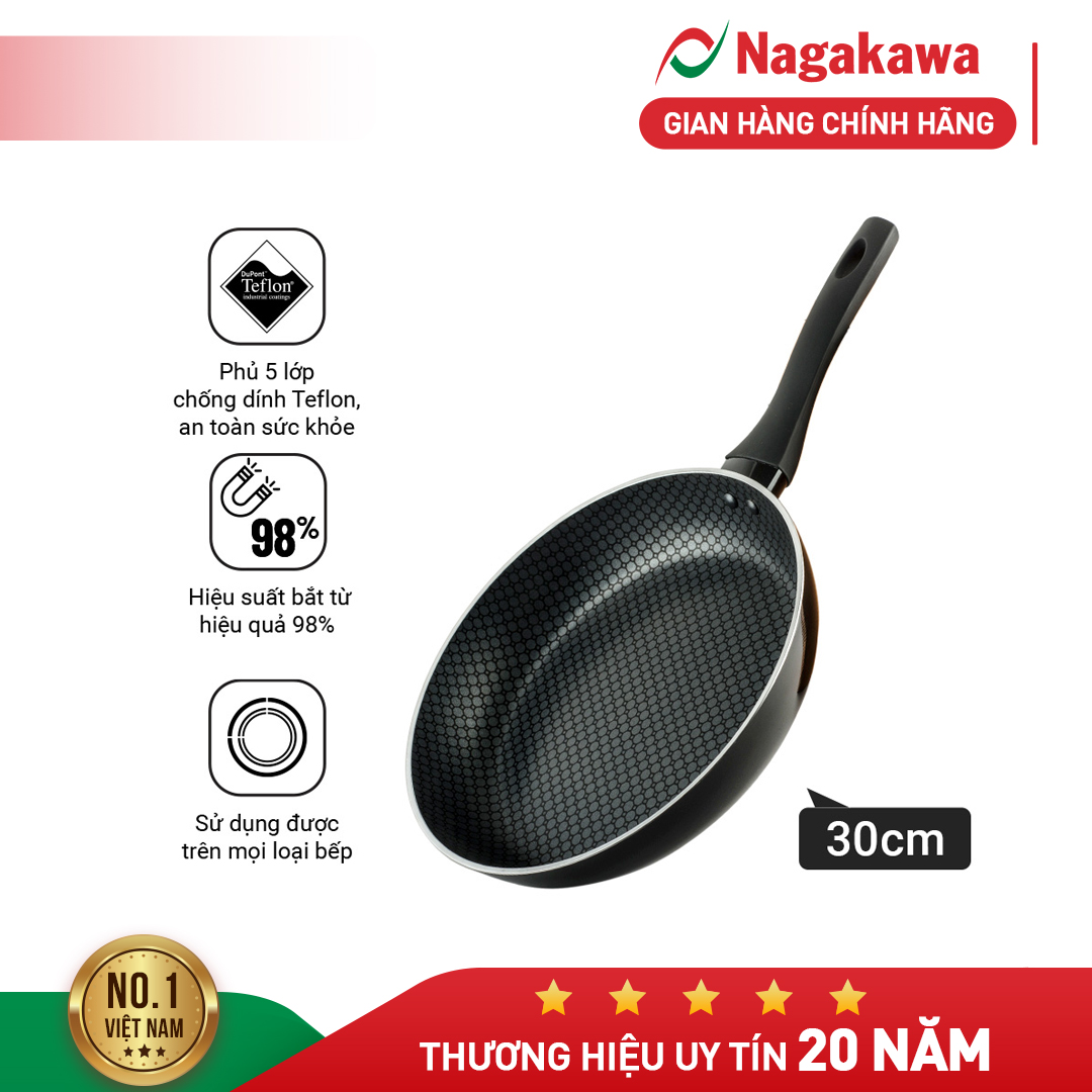 Chảo đáy từ Nagakawa NAG3001 30cm phủ 5 lớp chống dính Teflon, tay cầm bằng nhựa Bakelite siêu bền, dùng cho mọi loại bếp