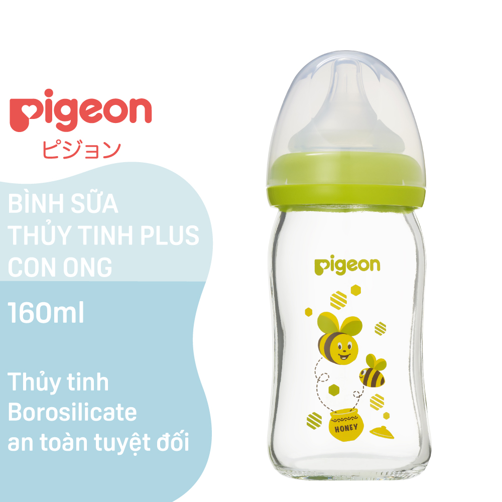 Bình sữa cổ rộng thuỷ tinh Plus Pigeon 160ml - Con Ong SS