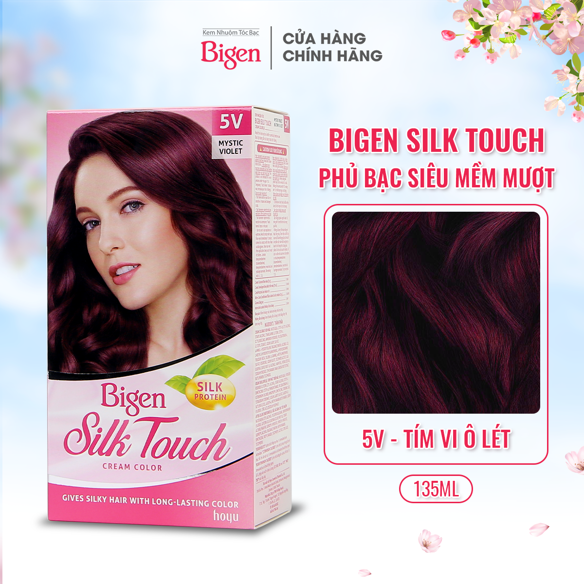 Thuốc nhuộm phủ bạc Bigen Silk Touch phủ bạc hoàn toàn, dưỡng tóc mềm mượt 80ml dạng kem-Đỏ Tím Violet 5V