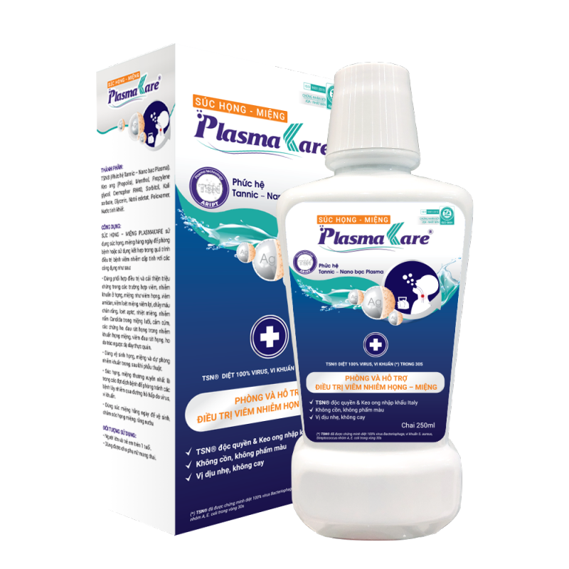 Súc họng miệng PlasmaKare Kiểm soát nhiễm trùng hô hấp với phức hệ TSN độc quyền và keo ong nhập khẩu Italy nhập khẩu